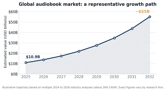 Title: Audiobooks are the fastest-growing corner of the book world. (Illustrative projection; figures vary by research firm.) - Description: Audiobooks are the fastest-growing corner of the book world. (Illustrative projection; figures vary by research firm.)