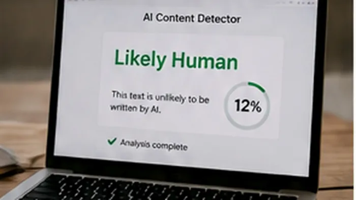Title: Laptop displaying an AI content detector result. - Description: Laptop displaying an AI content detector result.