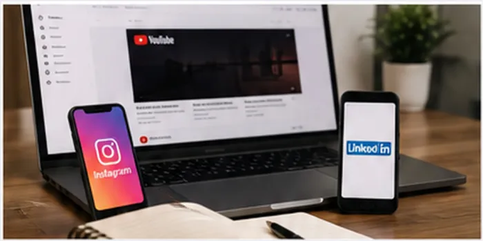 Title: Instagram, LinkedIn and YouTube displayed across creator devices. - Description: Instagram, LinkedIn and YouTube displayed across creator devices.