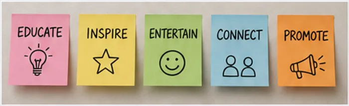 Title: Colorful sticky notes showing five common content roles. - Description: Colorful sticky notes showing five common content roles.