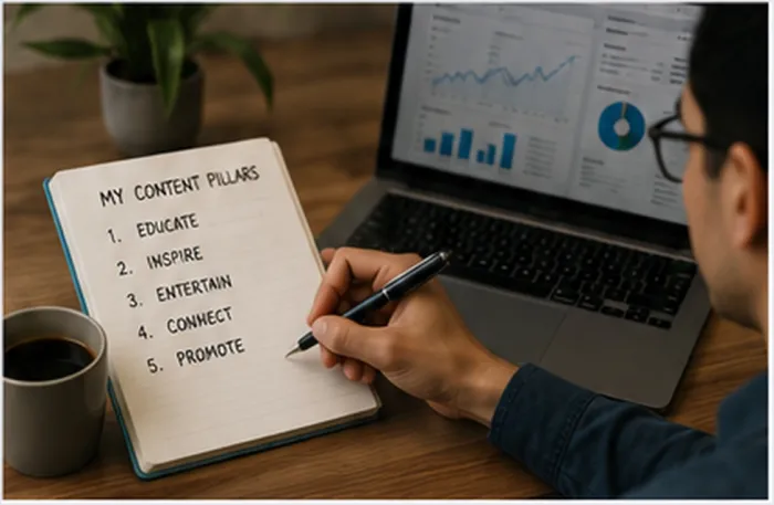Title: Creator planning content pillars beside audience analytics. - Description: Creator planning content pillars beside audience analytics.