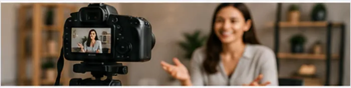 Title: Creator recording educational video content with a camera. - Description: Creator recording educational video content with a camera.