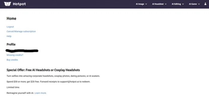 Title: The account page after signup. No balance shown, but a "Missing credits?" link sits under your profile. - Description: The account page after signup. No balance shown, but a "Missing credits?" link sits under your profile.