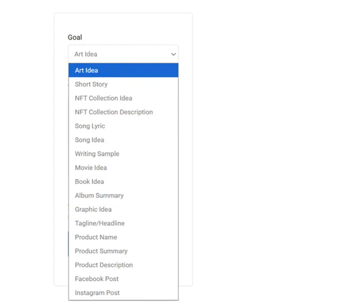 Title: The Goal dropdown in my session. Seventeen options visible; the public page lists more. - Description: The Goal dropdown in my session. Seventeen options visible; the public page lists more.
