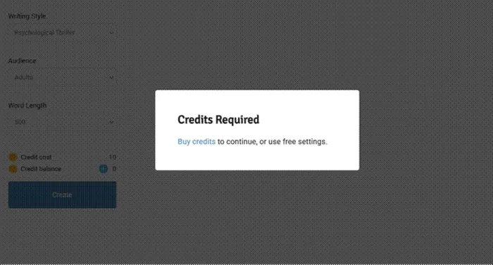 Title: The modal that ended my test. Cost 10, balance 0, and unnamed free settings. - Description: The modal that ended my test. Cost 10, balance 0, and unnamed free settings.