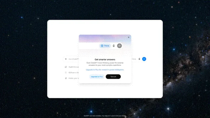 Title: ChatGPT free interface showing the Think button and a Get smarter answers dialog - Description: ChatGPT free interface showing the Think button and a Get smarter answers dialog