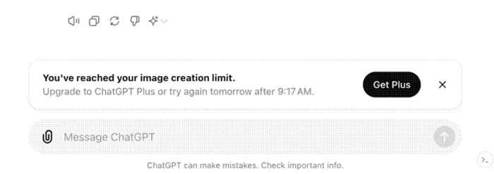 Title: ChatGPT notice that the image creation limit has been reached - Description: ChatGPT notice that the image creation limit has been reached