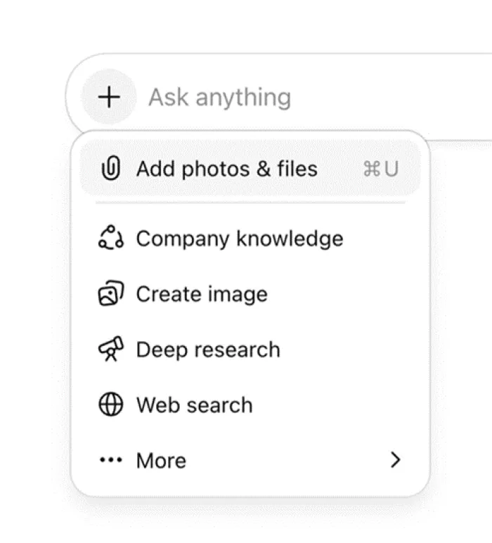 Title: ChatGPT composer menu showing the Add photos and files option - Description: ChatGPT composer menu showing the Add photos and files option
