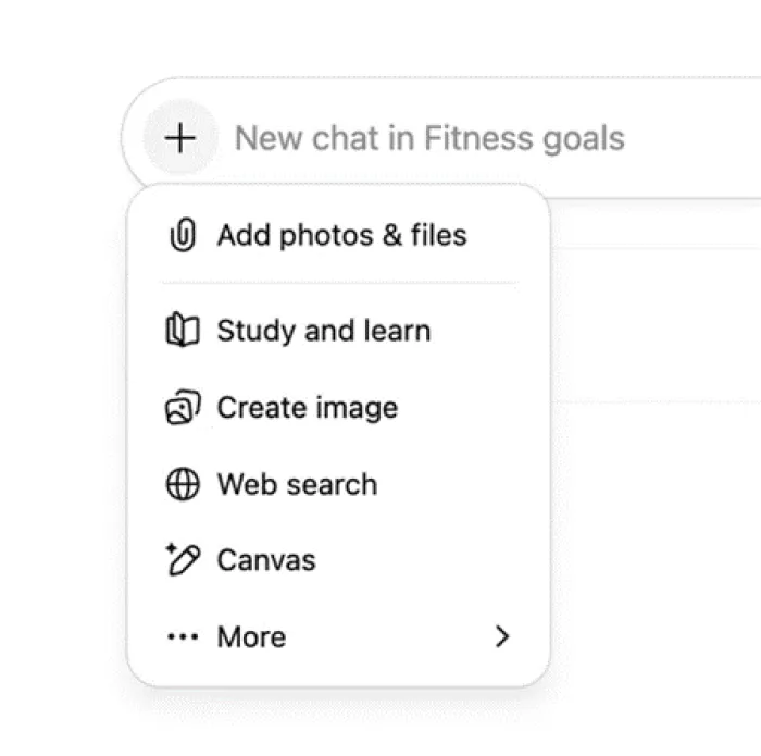 Title: Project chat composer with the plus menu open - Description: Project chat composer with the plus menu open