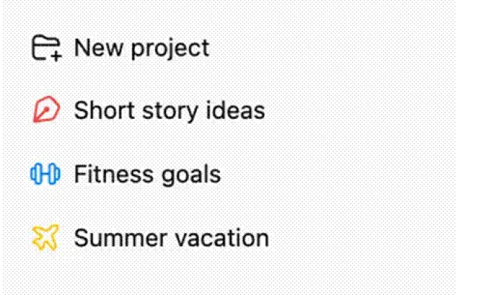 Title: ChatGPT sidebar showing the New project button and three projects - Description: ChatGPT sidebar showing the New project button and three projects